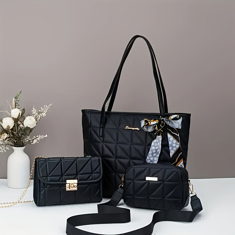 Gesteppte PU-Tasche im lässigen Plaid-Muster (Schwarz/Weiß)