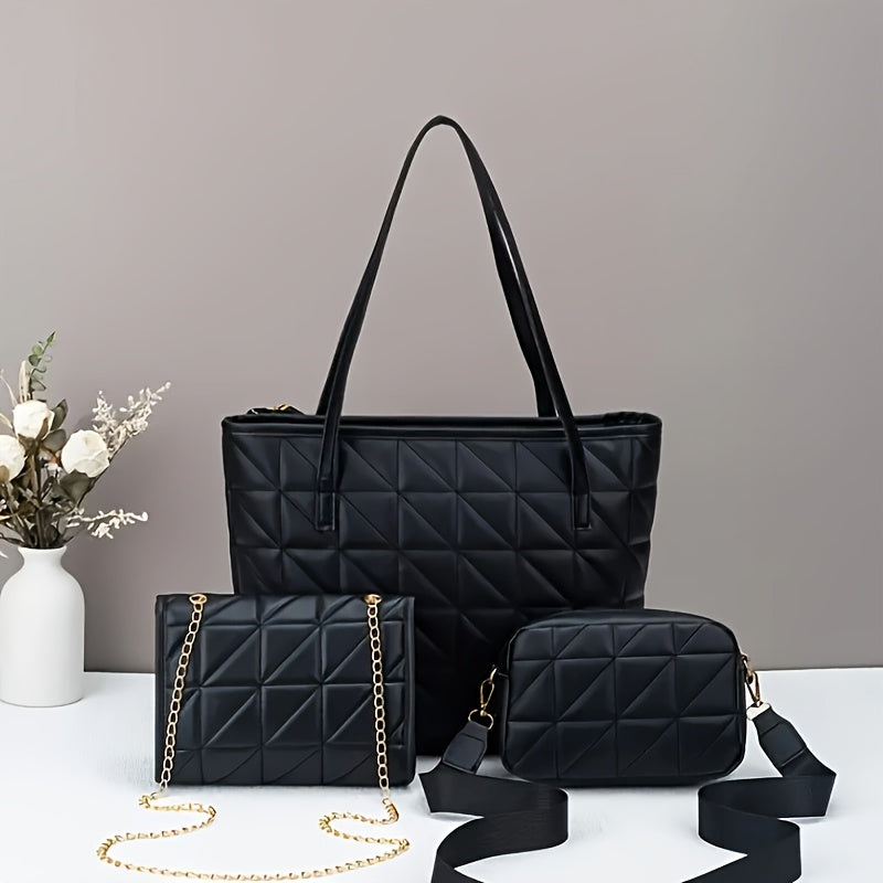 Gesteppte PU-Tasche im lässigen Plaid-Muster (Schwarz/Weiß)